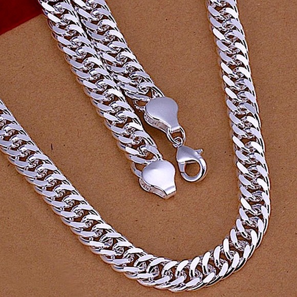 STERLING SILVER CHAIN LINK PLATED  10mm UNISEX NECKLACE BRACELET SET - Picture 3 of 7